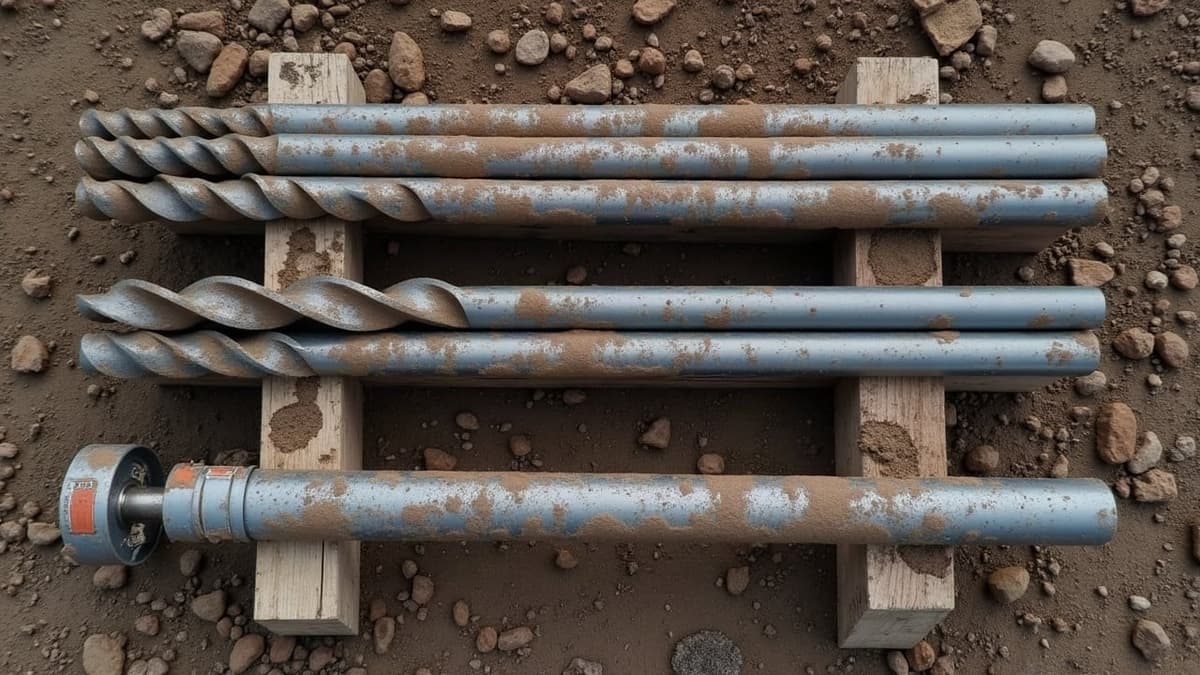 Train de tiges et outil de forage posés au sol sur un chantier