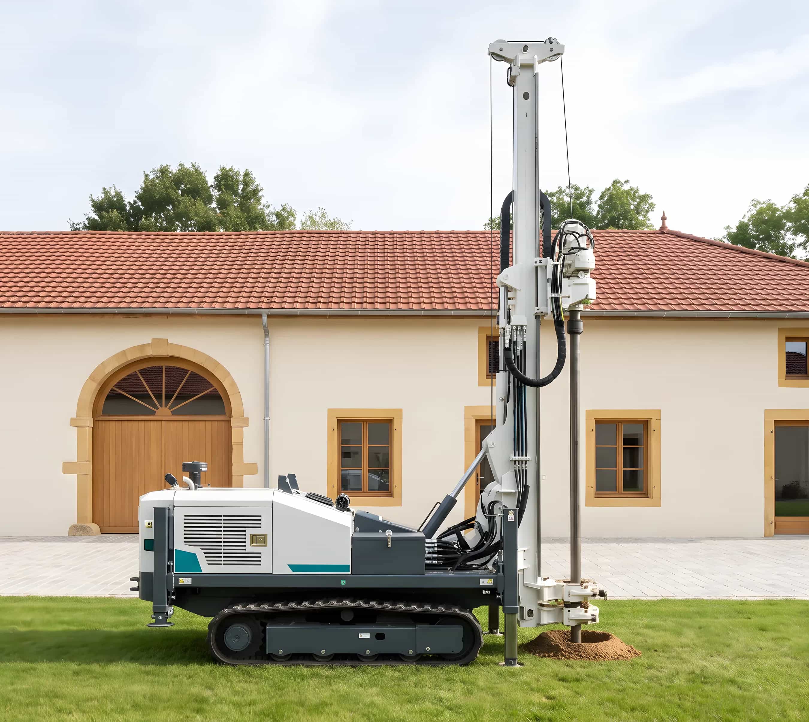 Foreuse blanche et graphite sur chenilles, mât levé, sur la pelouse d'une maison lorraine rénovée, son usoir pavé et sa porte charretière cintrée