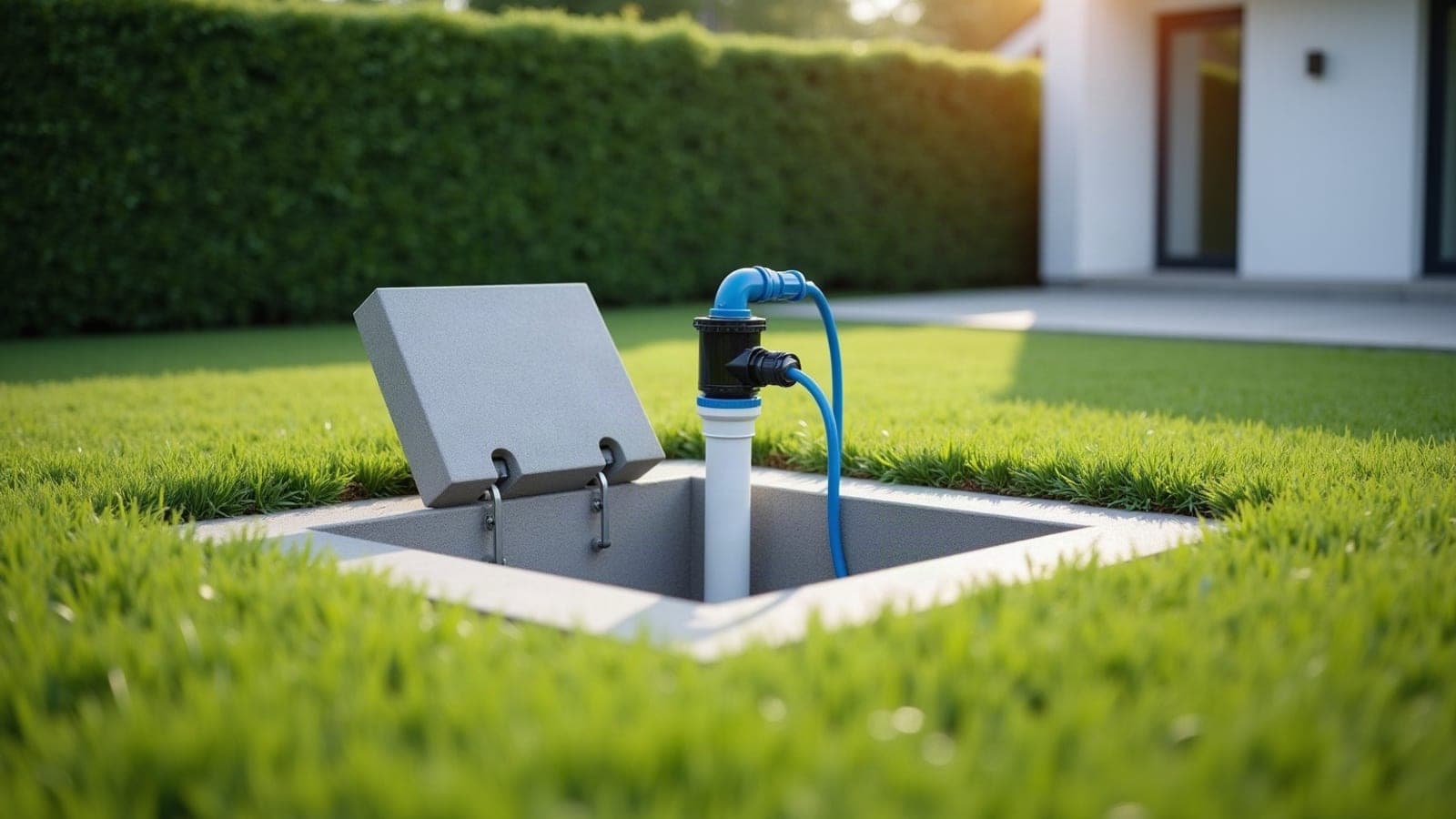 Tête de forage d'eau terminée dans un regard en béton au milieu d'une pelouse