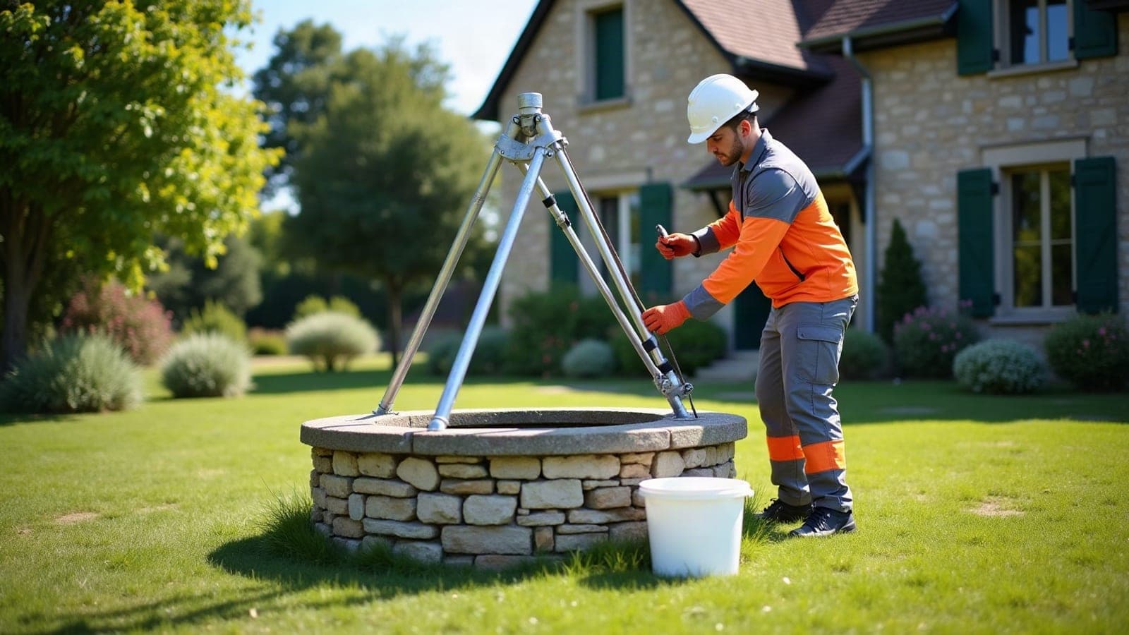 Remise en état d'un puits maçonné, trépied installé au-dessus de la margelle