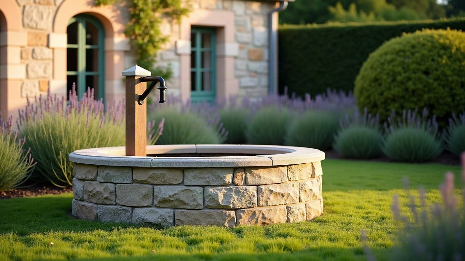 Puits ancien en pierre restauré dans un jardin lorrain, avec sa pompe
