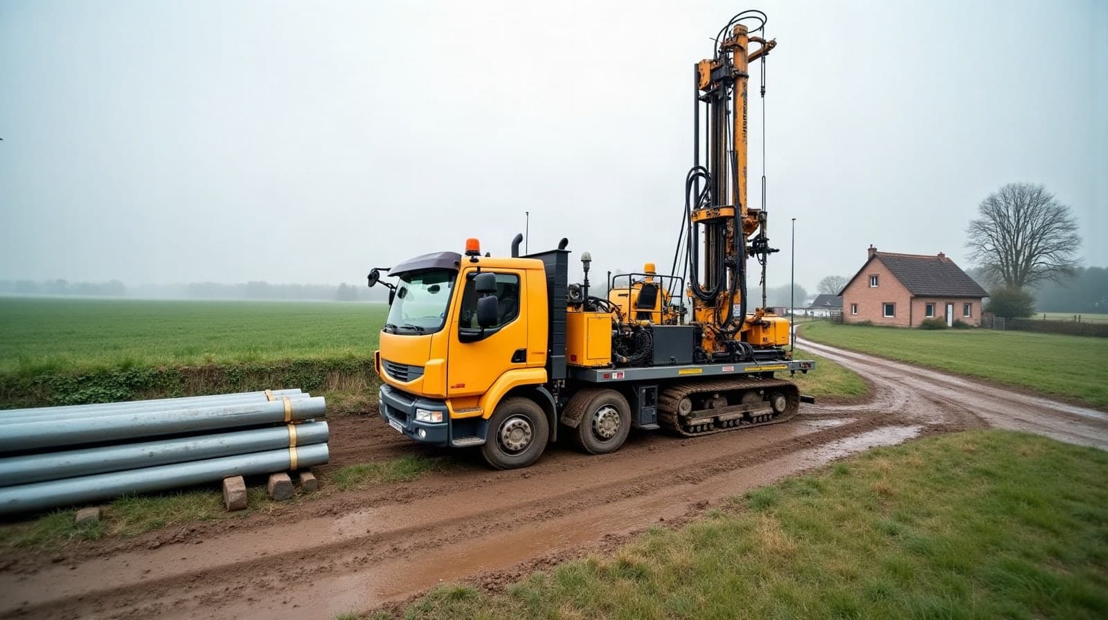 Foreuse hydraulique en position de travail sur une parcelle du plateau lorrain, tiges de forage alignées au sol