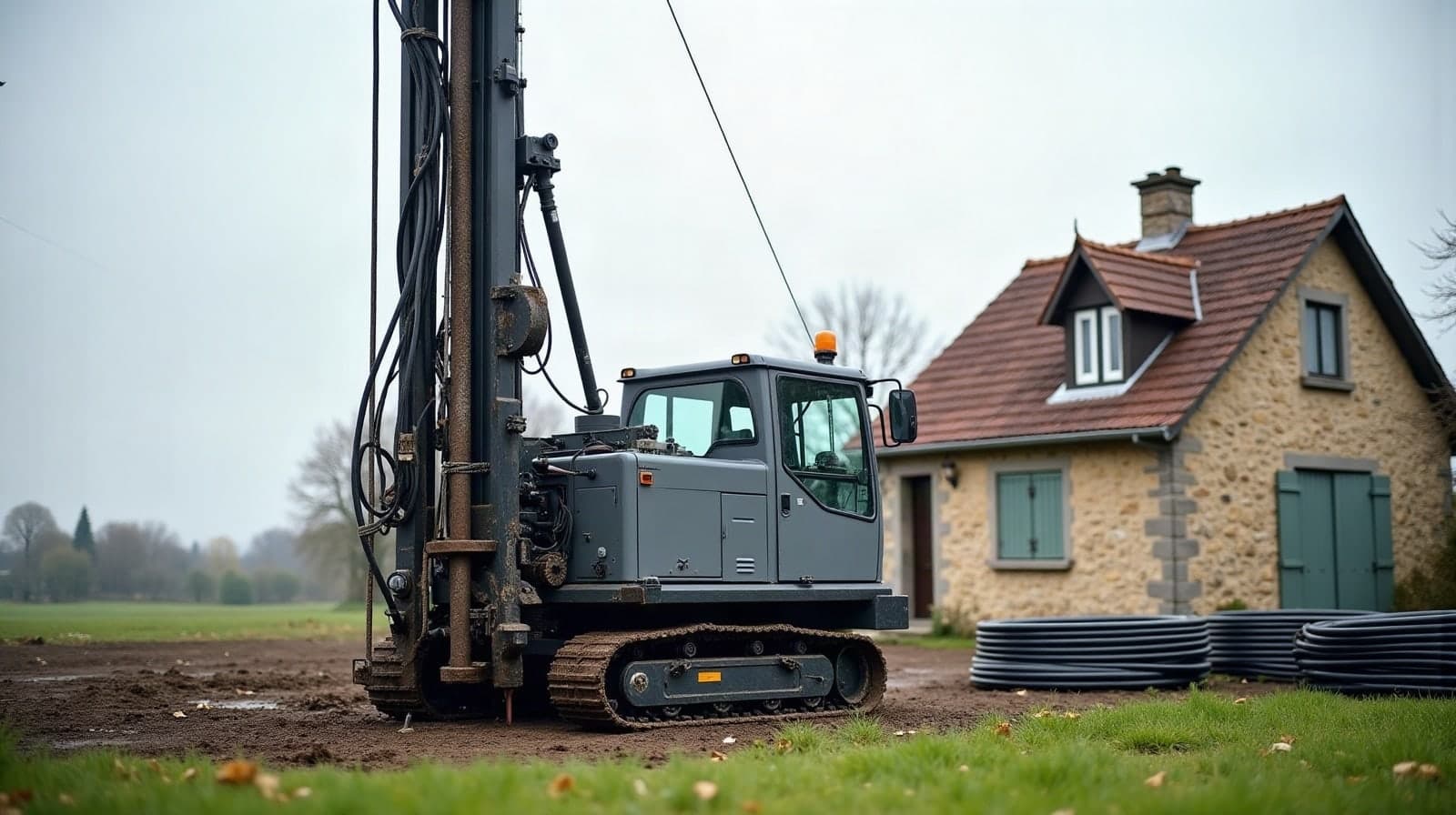 Foreuse sur chenilles installée devant une maison lorraine pour la pose d’une sonde géothermique verticale