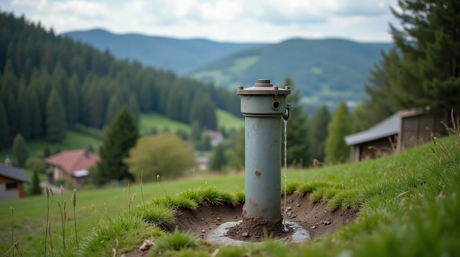 Tête de puits terminée, tubage acier et capot, dans le jardin d'une maison des hauteurs boisées d'Épinal
