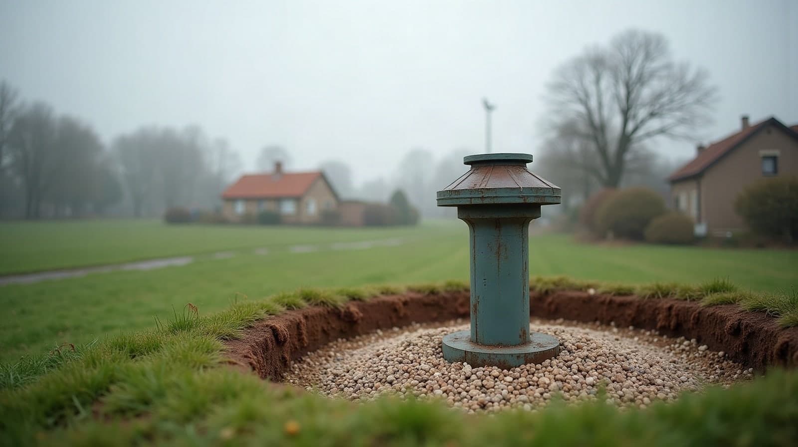 Tête de puits neuve dans un jardin du Pays-Haut, terre brun-rouge du bassin ferrifère et maisons de brique