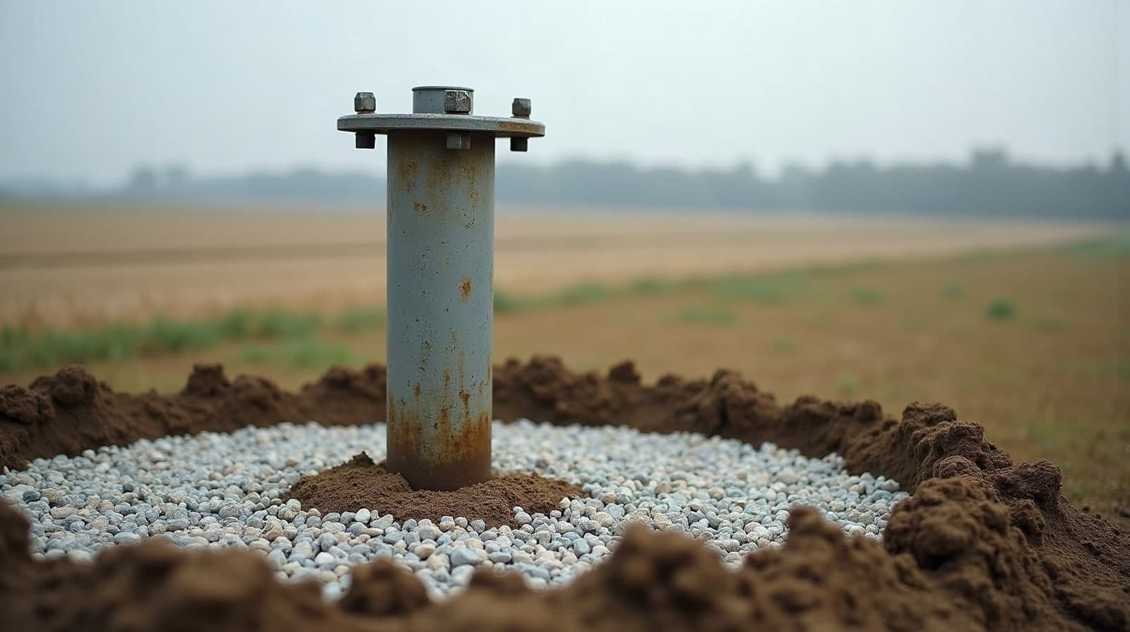 Tête de puits avec capot sur une parcelle plane de la plaine lorraine, champs jusqu'à l'horizon