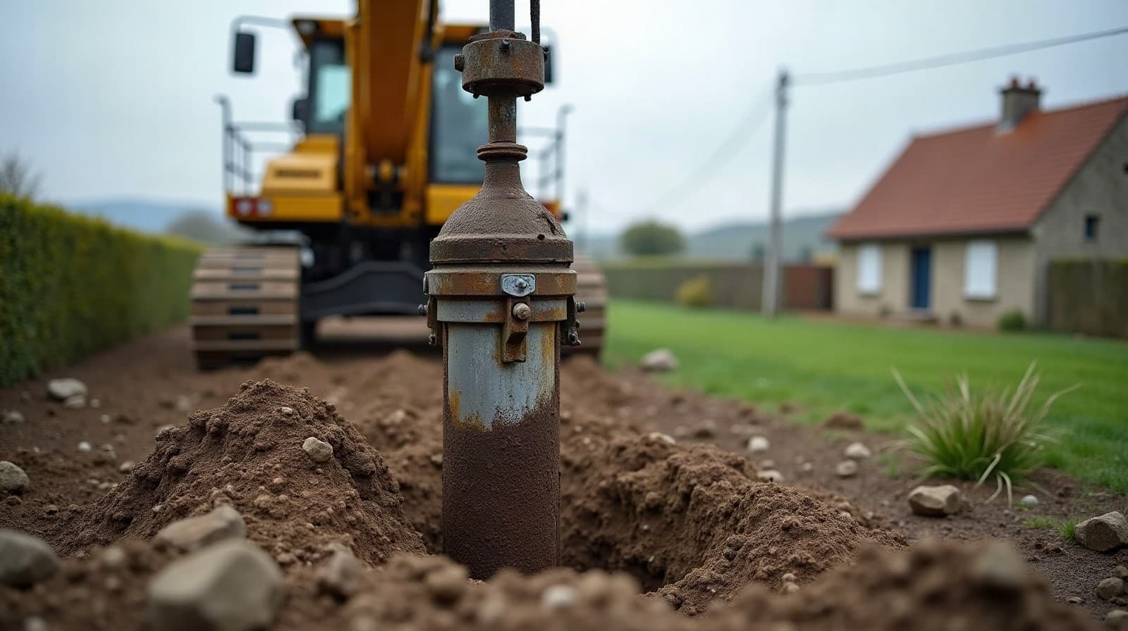 Tête de puits achevée en bordure d'un champ du plateau calcaire de Meurthe-et-Moselle, pierres calcaires dans la terre