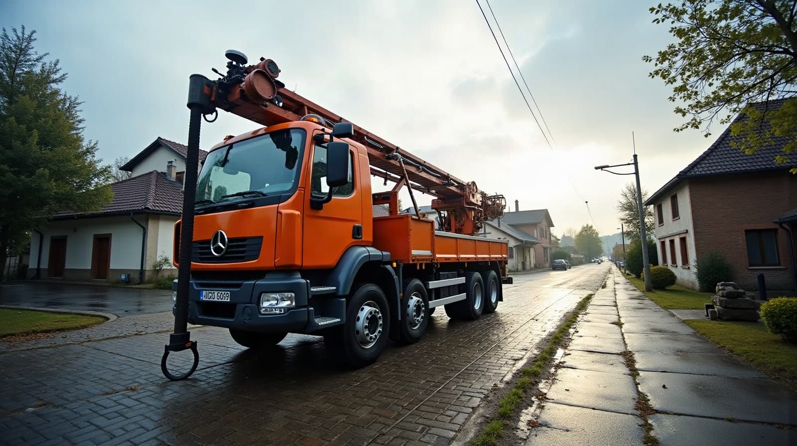Camion de forage mât dressé garé en bordure d'un village de l'est mosellan, chevalement de mine au loin