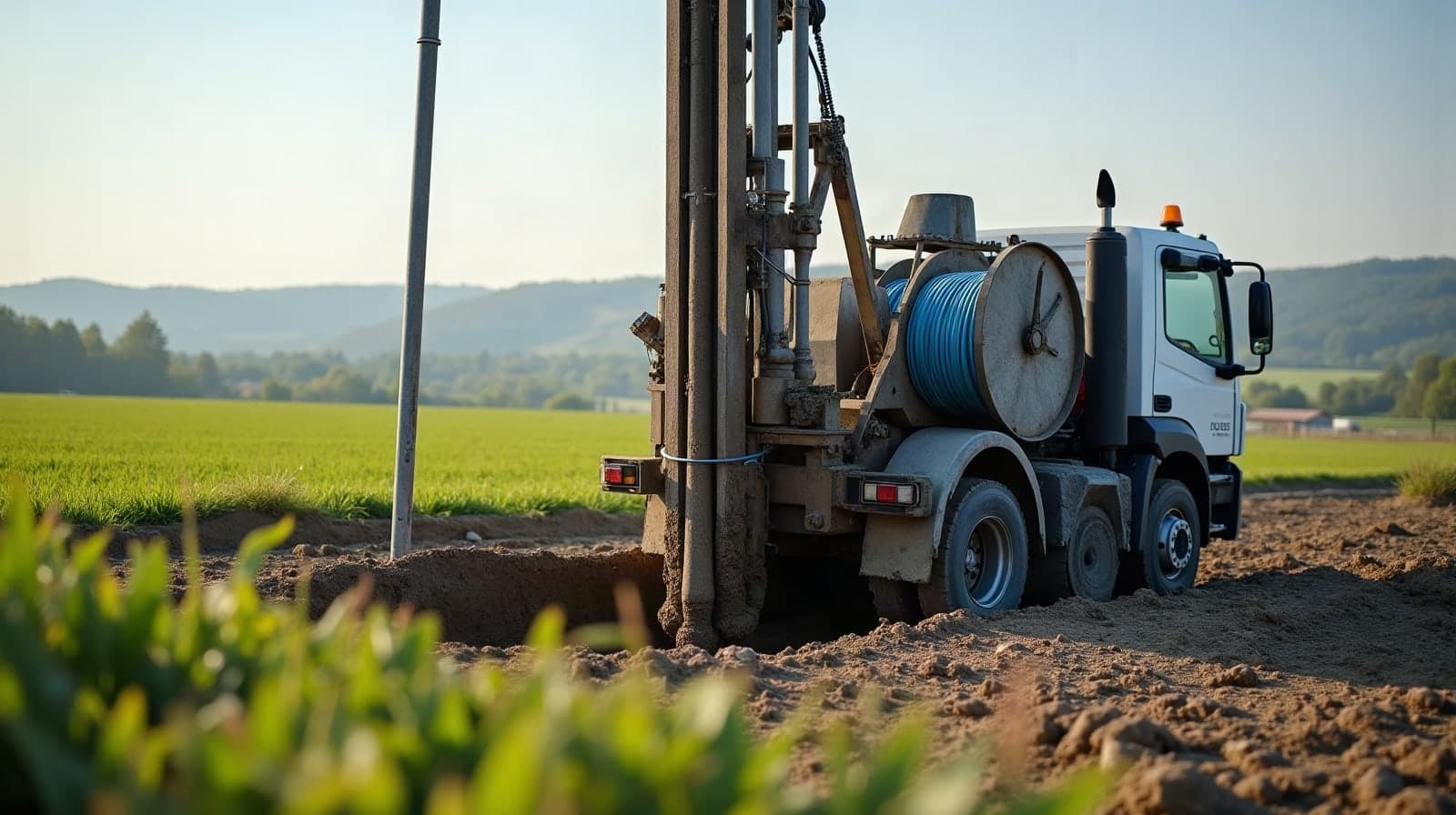 Tête de forage agricole avec vanne et tuyau bleu alimentant un enrouleur d'irrigation, plaine de l'ouest vosgien