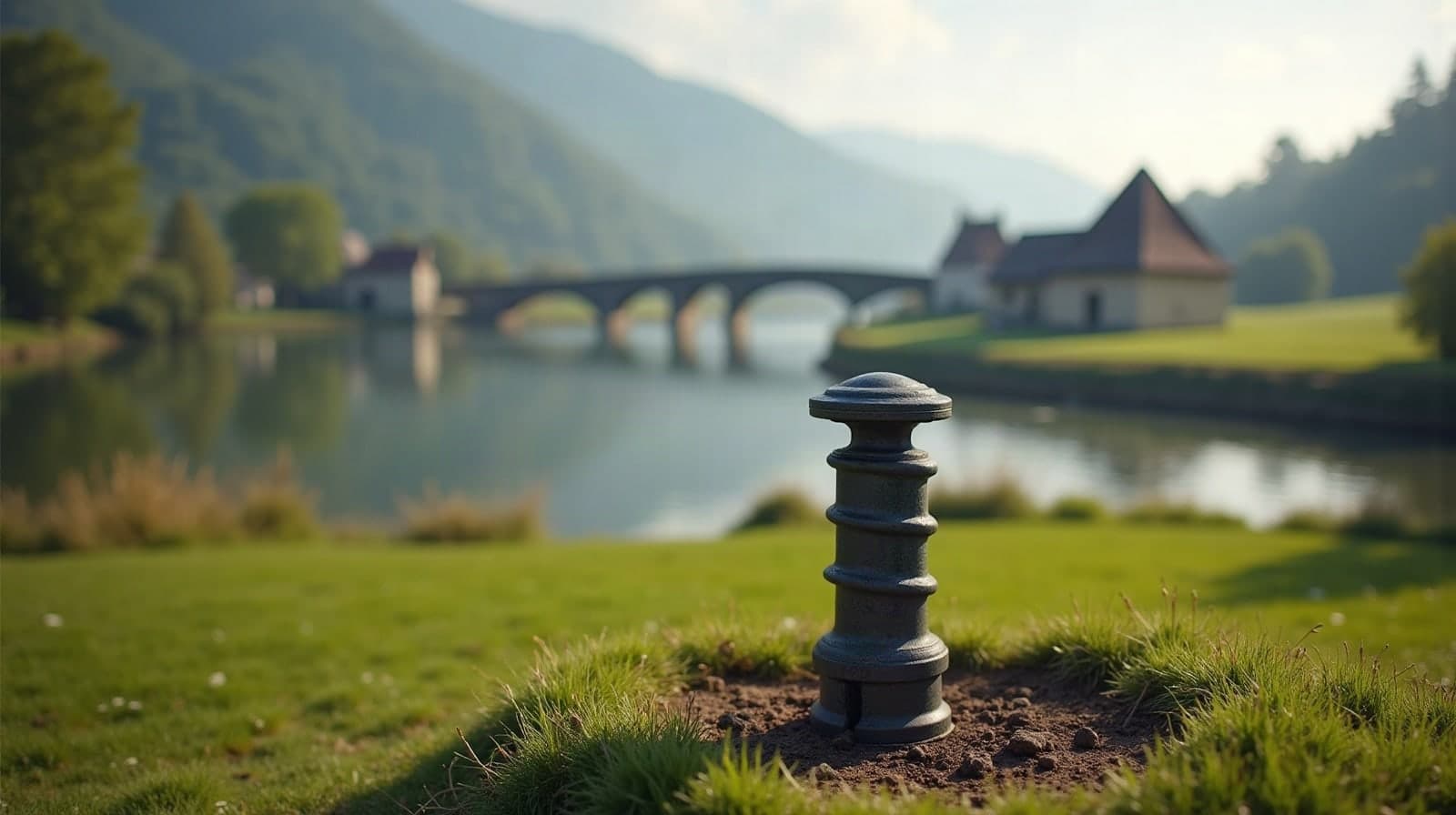 Tête de puits avec capot sur une pelouse de la vallée de la Moselle, pont de pierre dans la brume