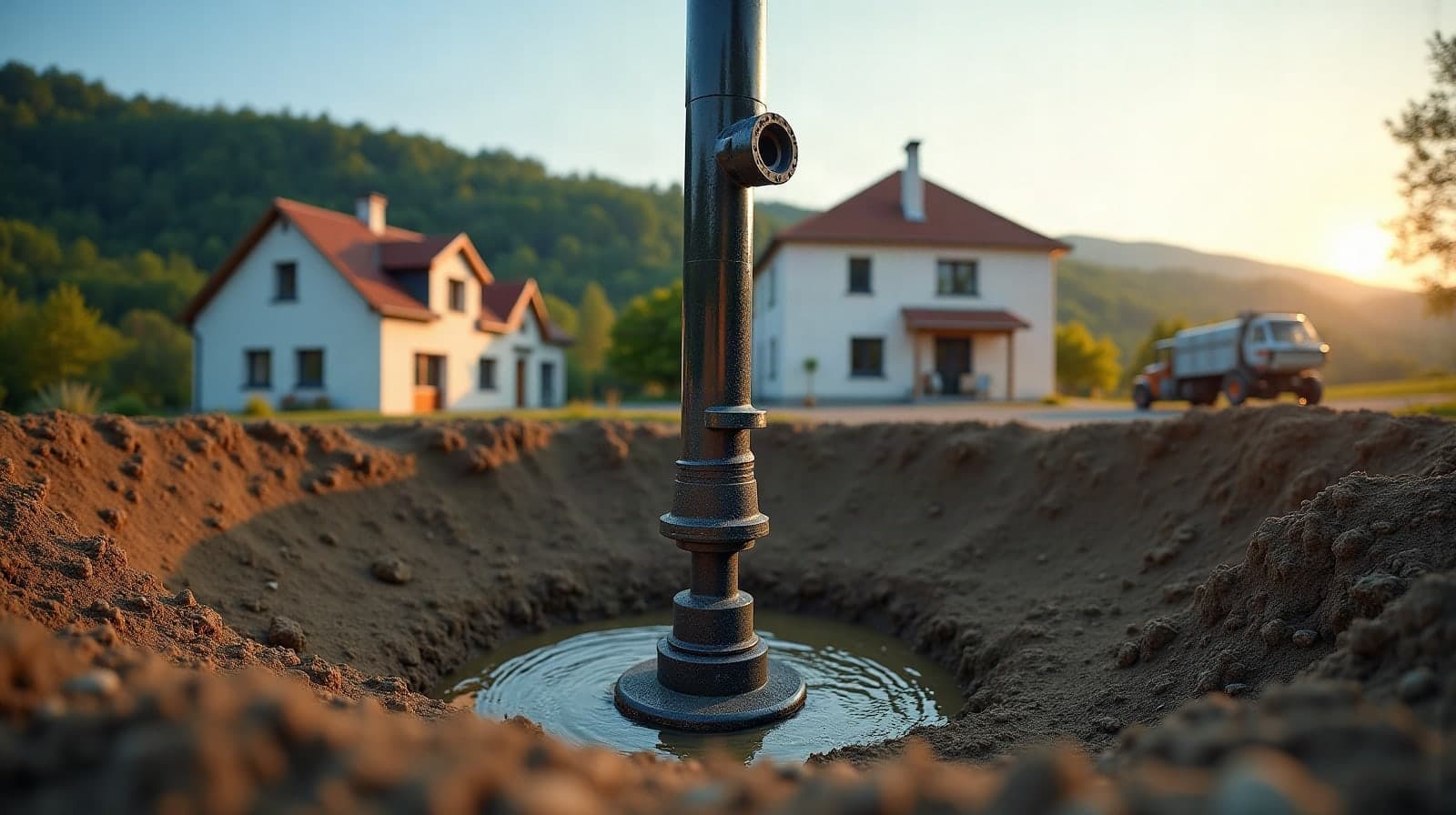 Tête de sonde géothermique et collecteur dans un lit de gravier près d'une maison du bassin houiller