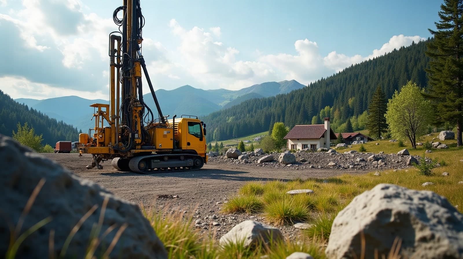 Foreuse compacte sur chenilles installée sur une parcelle parsemée de blocs de granite, au pied du massif vosgien