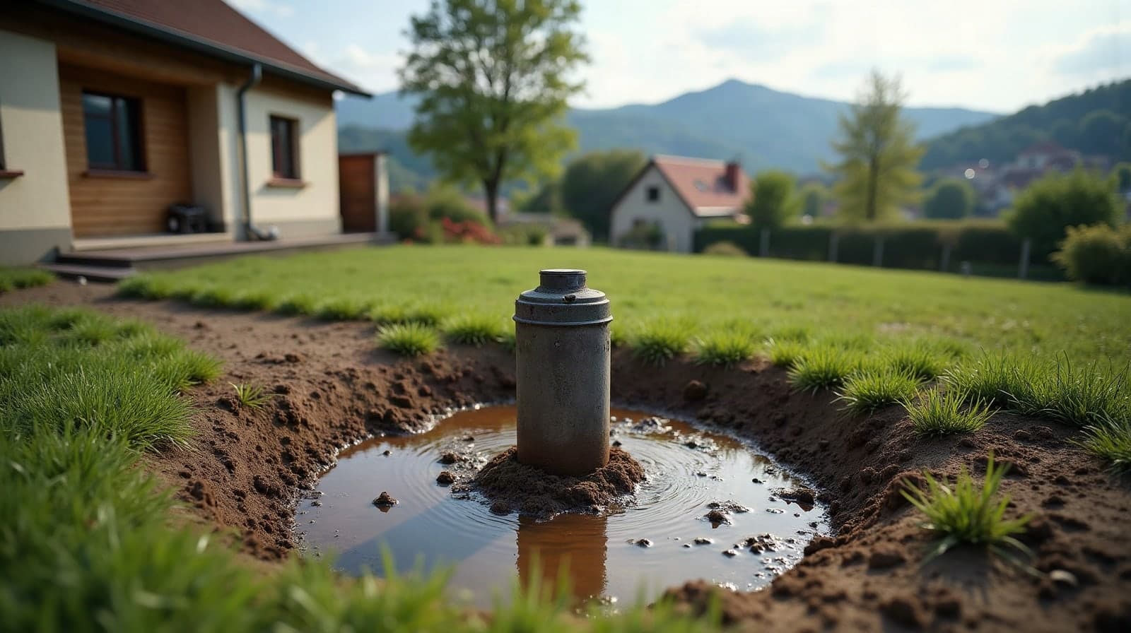 Tête de puits neuve dans le jardin d'une maison de Sarreguemines, mur de grès et vallée en arrière-plan