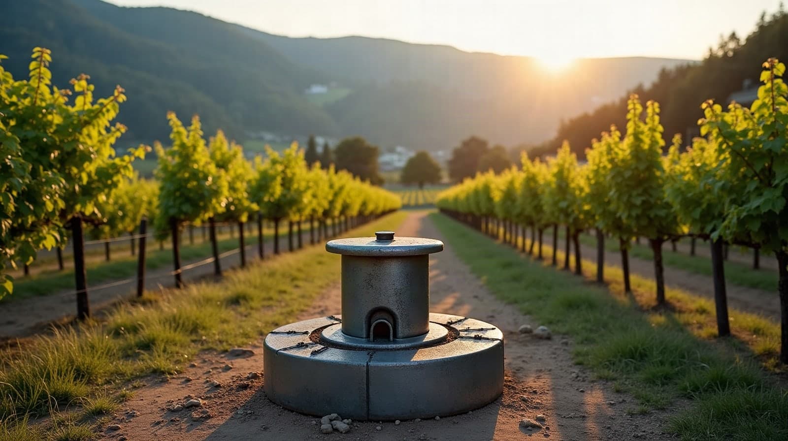 Tête de puits entre deux rangs de vignes sur un coteau calcaire du Toulois, vallée de la Moselle en contrebas